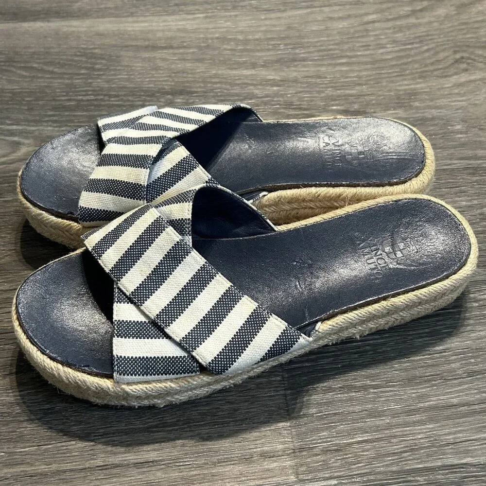 Vince Camuto 8.5 Slide Sandal Blue White Natural Stripe Canvas Espadrille Preppy